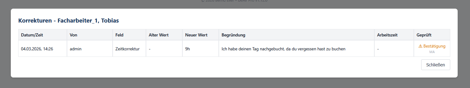 Büro-Korrektur: Tag nachgebucht